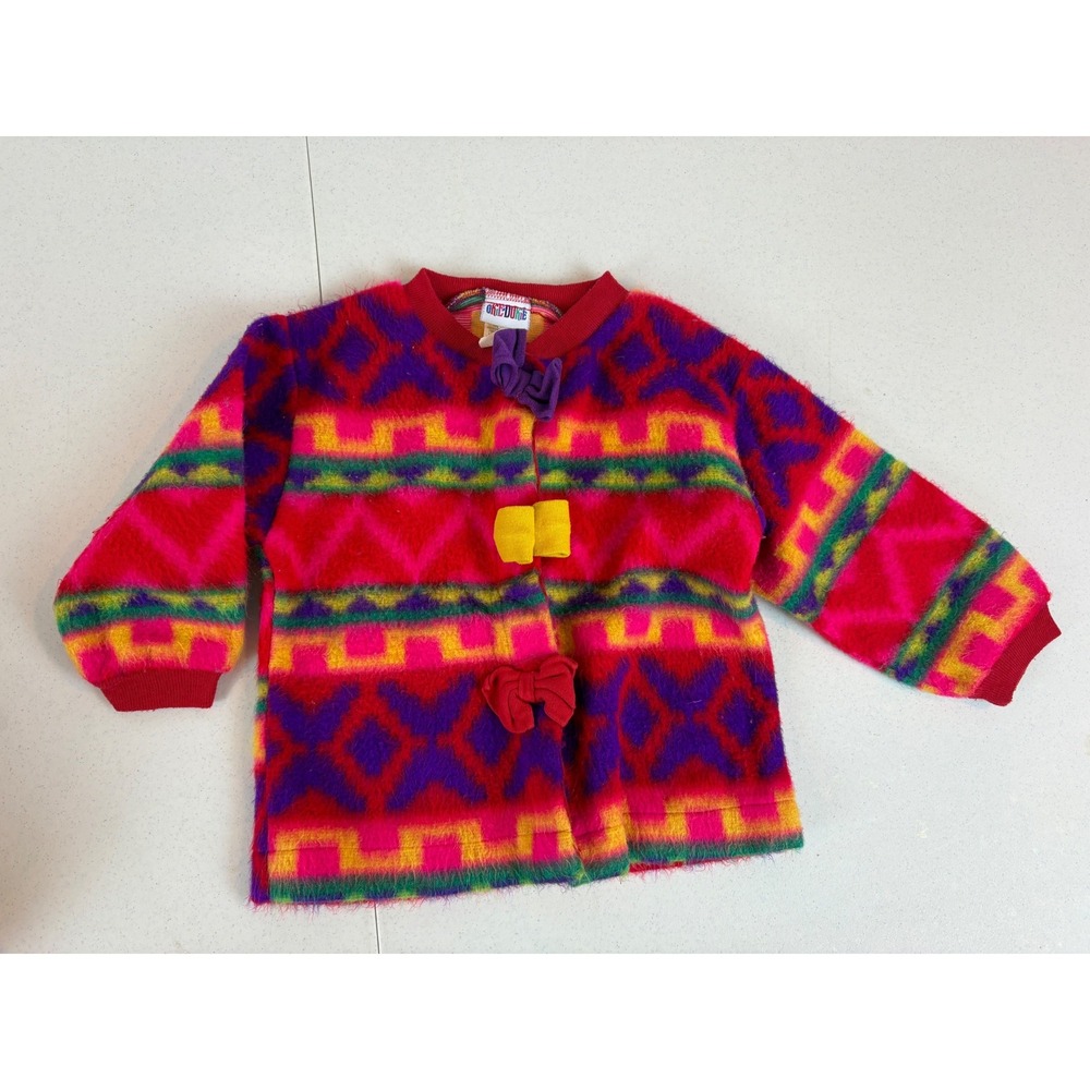 Vintage Okie Dokie Toddler 3T Fuzzy Neon Geometric Bow Cardigan Sweater Pink 90s
